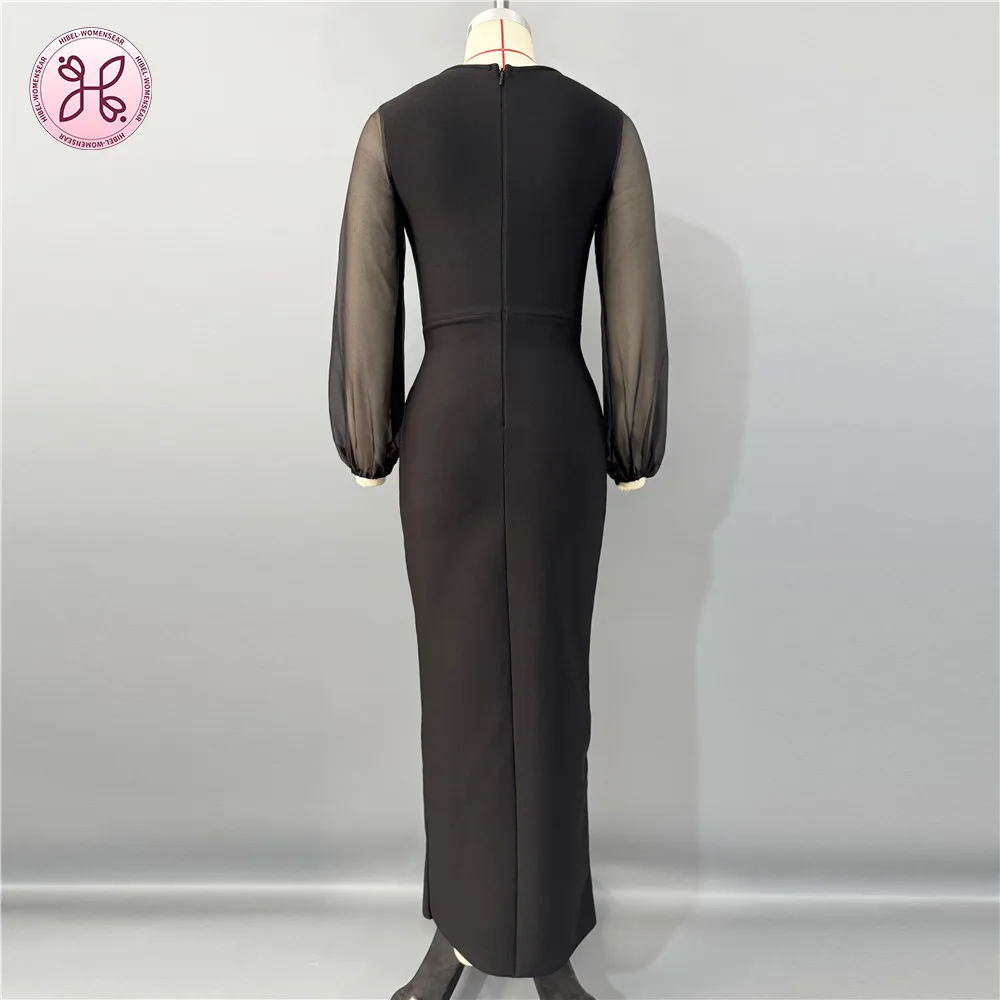 2025 Couture Beaded Gown - Deep V Neck Bandage Dress with Sheer Sleeves & Thigh Slit