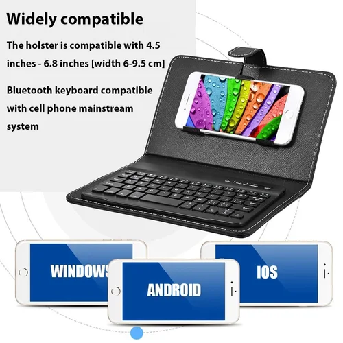 Imagen 2 del producto Funda protectora de cuero PU para teclado inalámbrico Bluetooth, funda protectora para IPhone, Xiaomi, Samsung, soporte para teléfono móvil