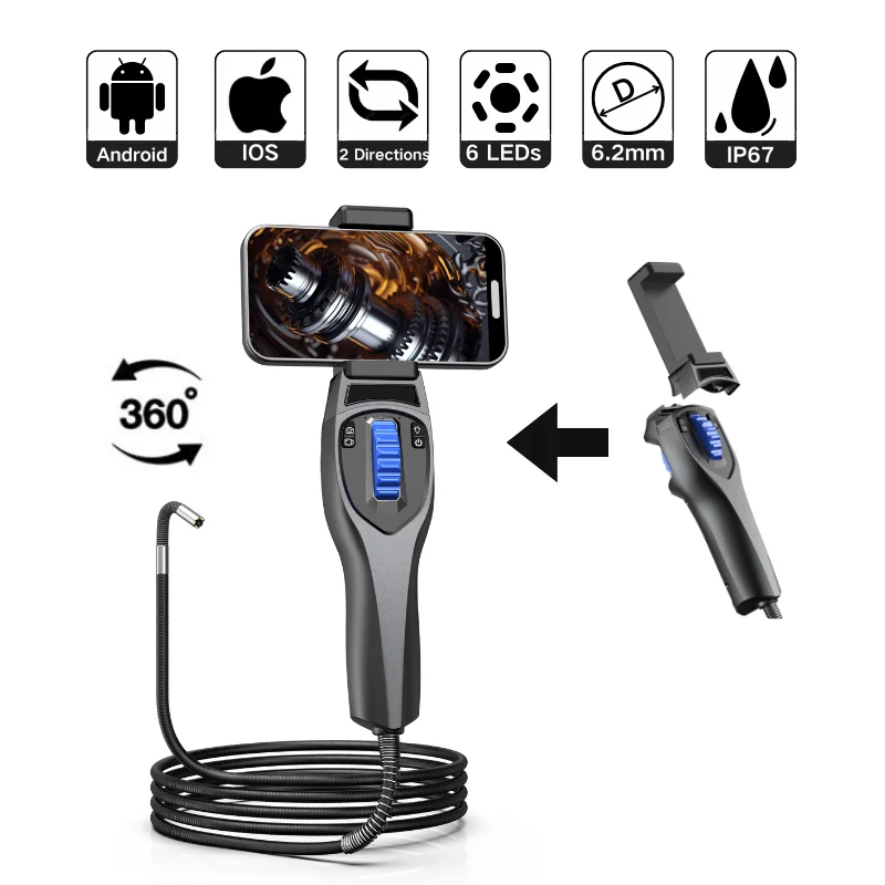 New Two-Way 360° Articulating Endoscope Camera 6.2mm 720P For Android/iPhone Sewer Pipe Repair Industrial Borescope Waterproof