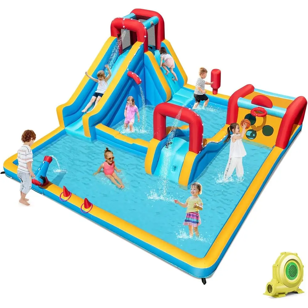 Iatable Water Slide, Giant Water Park Long Slide/Climbing Wall/Boxing/Target Game/Ring Toss/Water Cannon, Splash Pool,