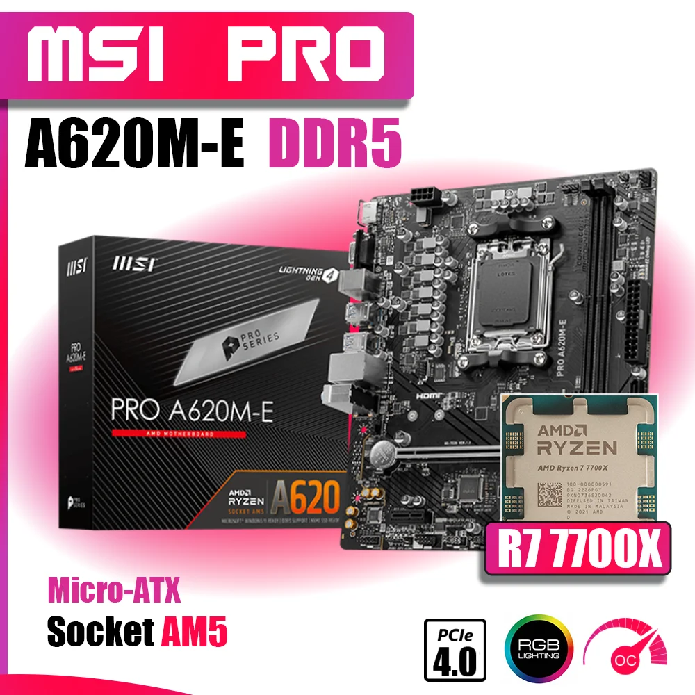 New Kit MSI PRO A620M-E DDR5 With AMD Ryzen 7 7700X Processor DDR5 Memory Motherboard AM5 RGB Combo mATX