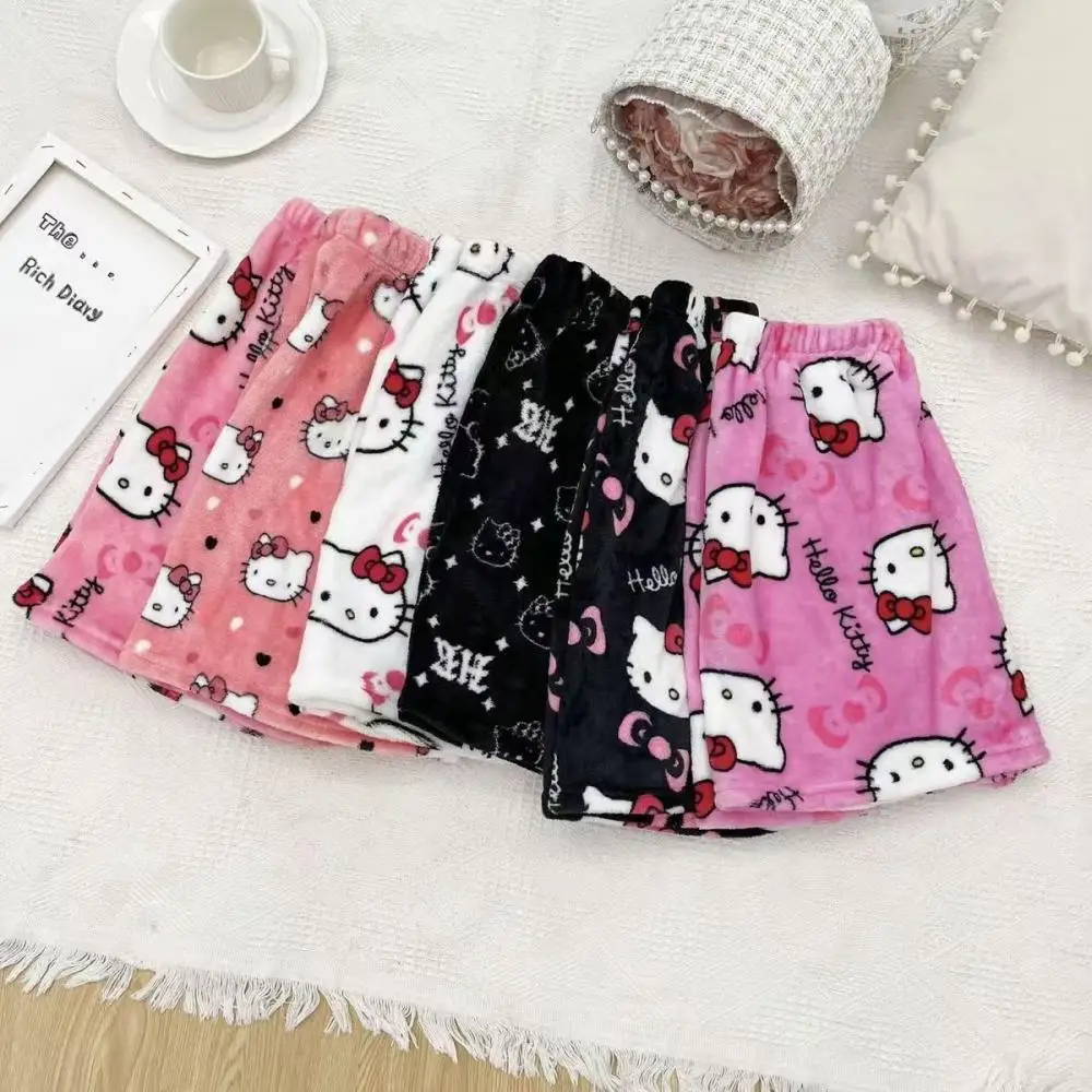 Sanrio Hello Kitty pantalones cortos deportivos informales pantalones de pijama Anime franela nuevo estilo felpa cintura elástica cintura alta pantalones anchos para el hogar