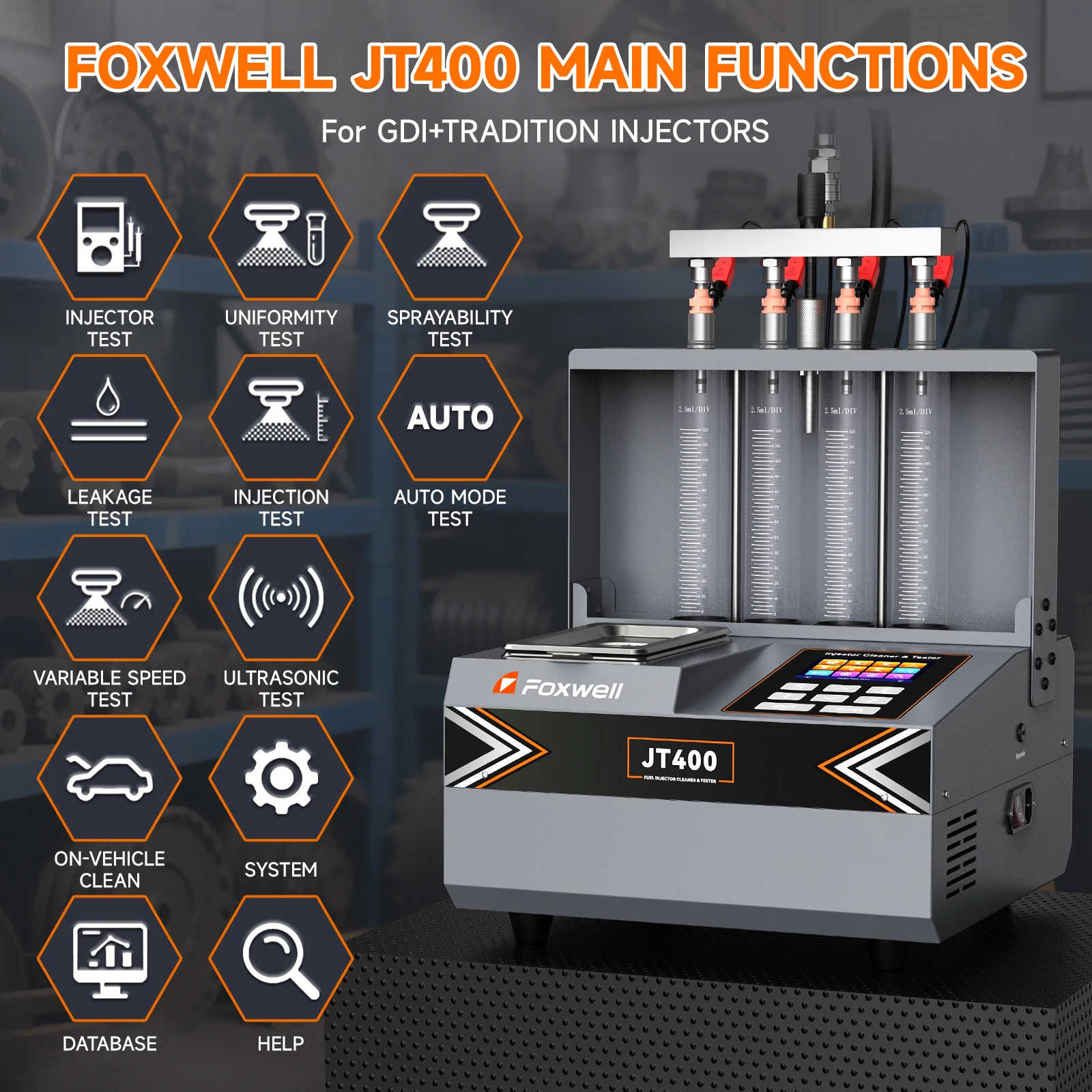 FOXWELL JT400 GDI Pulitore per iniettori di carburante 4 cilindri EFI FEI Pulitore Tester Pulitore Tester di resistenza ad ultrasuoni Pulizia per auto