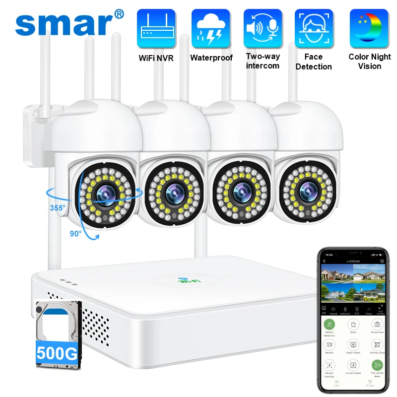 Bezprzewodowy system kamer Smar, zestaw kamer PTZ 3MP do użytku zewnętrznego, CCTV, detekcja ludzi AI, kolorowy tryb nocny, zestaw do monitoringu wideo.
