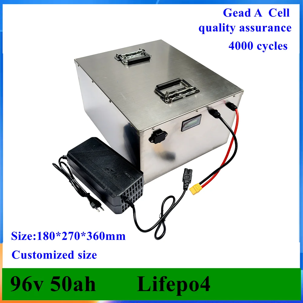 lithium 96v 50Ah Lifepo4 battery pack BMS 32S 102V for AGV inverter vehicle scooter Motorcycle 8000W Forklift + 5A charger.