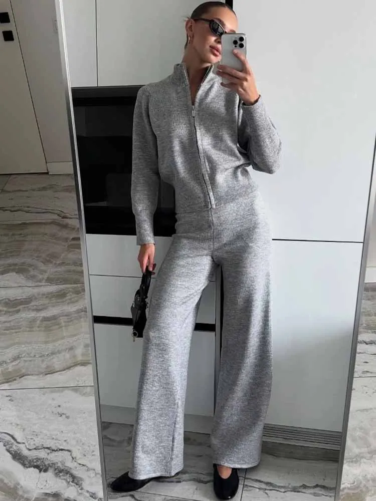 BKQU Autumn Winter Double Zipper Knitted Pants Set Women Casual Long Sleeve Pullover Sweater Wide Leg Trousers 2 Piece Tracksuit