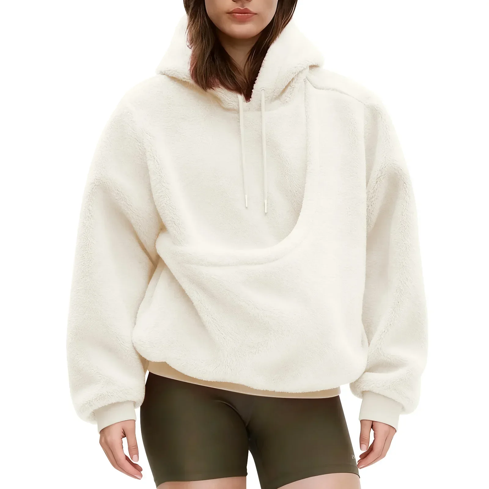 Women Solid Hooded Fleece Oversized Pullover Sweatshirt With Pet Pocket Autumn Winter Casual Top Ladies Cozy