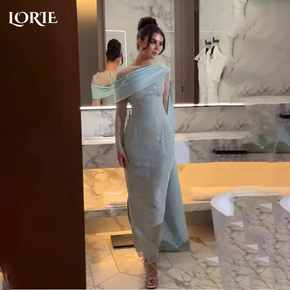 

LORIE Modest Crepe Evening Dresses Elegant Lace Off Shoulder Pleats Mermaid Arabia Prom Gown Ruffle Party Dresses Customized