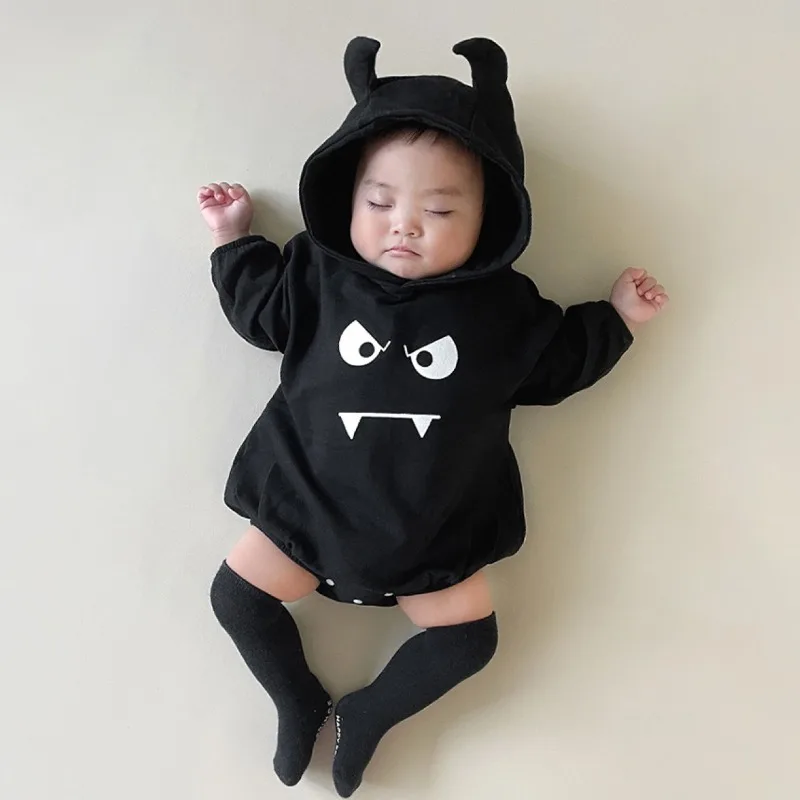 

2025 New Autumn Baby Halloween Clothes 0-2T Cartoon Demon Infant Boys Girls Hooded Bodysuits Loose Toddler Outwear One Piece