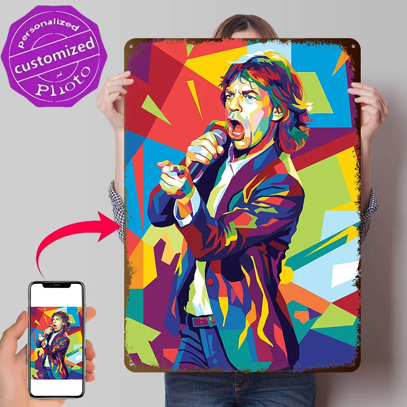 Pôster de Metal Texturizado 3D Personalizado com Retrato Pop Art de Mick Jagger, Placa de Metal para Decoração Vintage de Quarto e Cafeteria