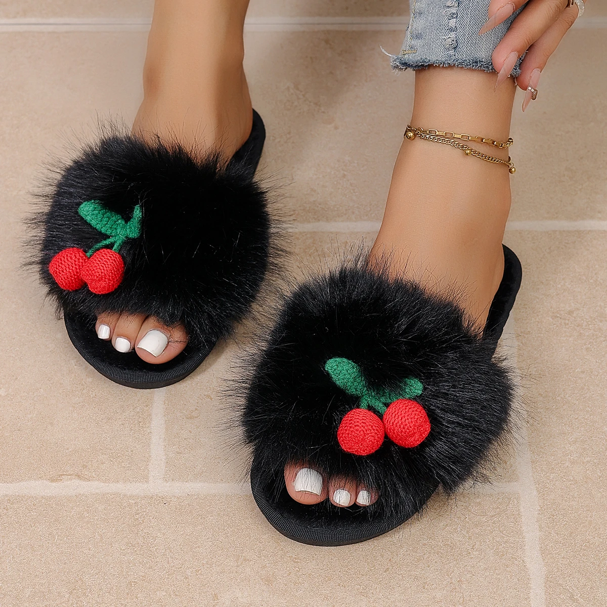 Winterliche Niedliche Kirsch-Hausschuhe für Damen, Flauschige Kirsch-Plüsch-Hausschuhe, Bequeme Schlafzimmer-Slipper für Damen, Neue Flache Slipper. – Detail 8