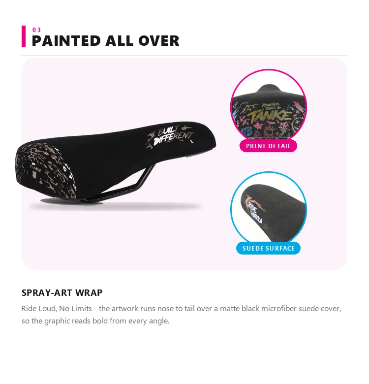 TANKE Graffiti BMX MTB Sattel Mikrofaser-Wildleder-Bezug Konturiert Rutschfest Spray-Art Fahrradsitz für Wheelie Stunts Großer Sattel für Fixed – Detail 3