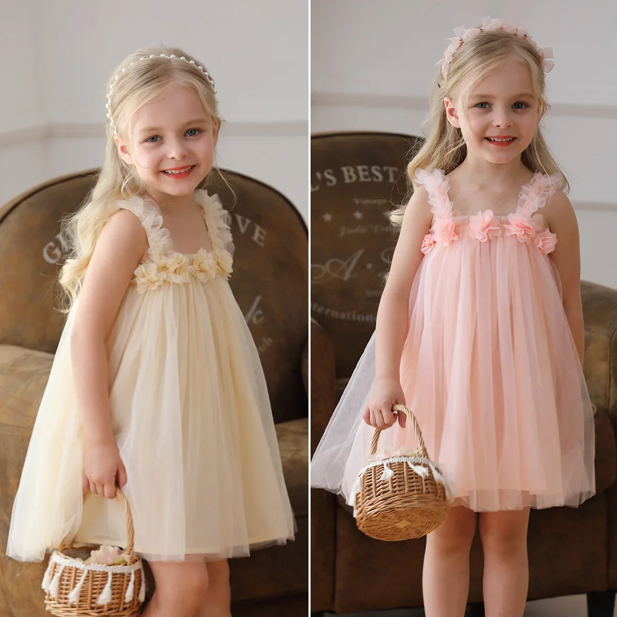 Kid Girl Exquisite Tulle Light Pink Sleeveless Dress Delicate Flower Decorations Multi Layered Fluffy Skirt for Children Party
