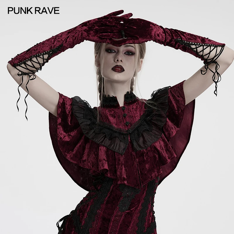 PUNK RAVE Women's Goth Retro Embroidered Velvet Gloves Exquisite Bright Silk Webbings Romantic Mysterious Warmers Accessories