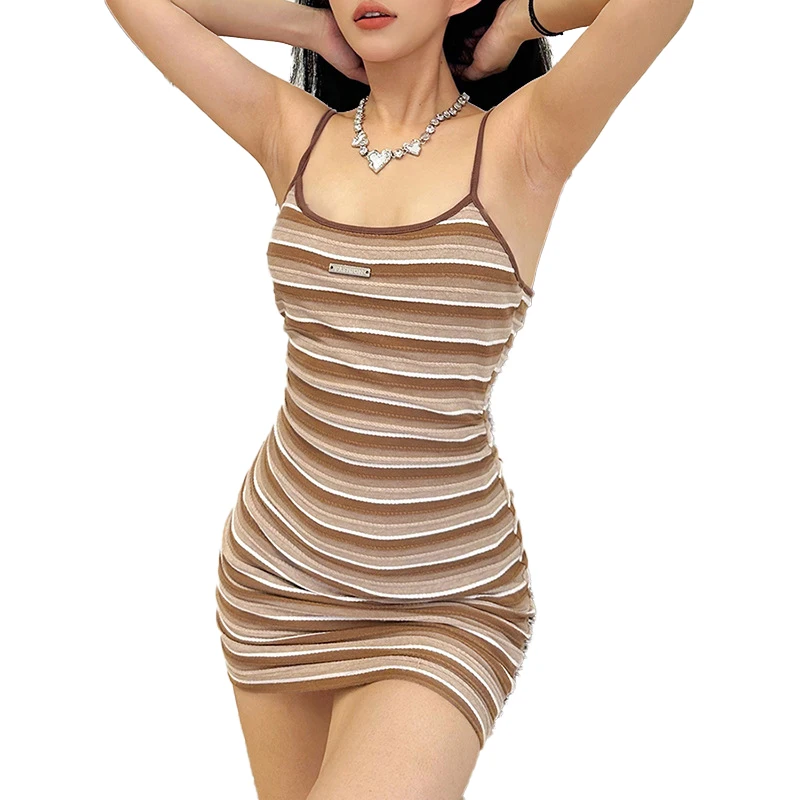 

Summer Striped Knit Mini Dress Sexy Mature Charm Tight High Elastic Women Vacation Beach Party Sling Bodycon Dresses