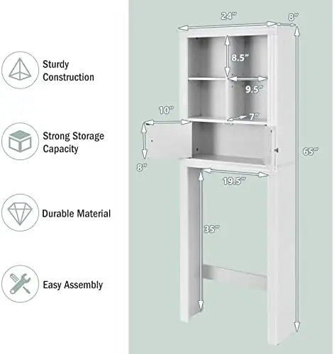 

Over The Toilet Cabinet, 2-Door Tall Bathroom Organizer w/ 4 Open Compartments & Adjustable Shelves, Modern Simple Toilet S