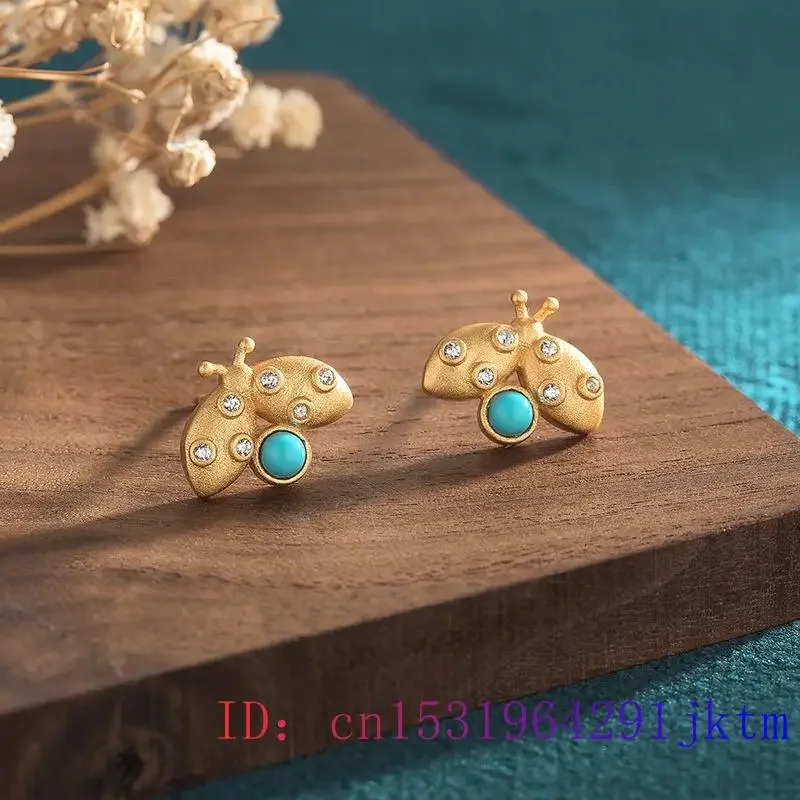 Turquoise Ladybug Earrings Charms Jewelry Amulets Jadeite Amulet Natural Gemstones Women 925 Silver Gemstone Chinese Charm