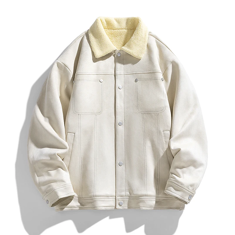 

Многоцветная куртка с лацканами из овечьей шерсти, свободное пальто в винтажном стиле спецодежды, на флисовой подкладке для тепла с видимым дизайном строчки, модный и универсальный осенне-зимний топ, популярный модный предмет для сохранения тепла