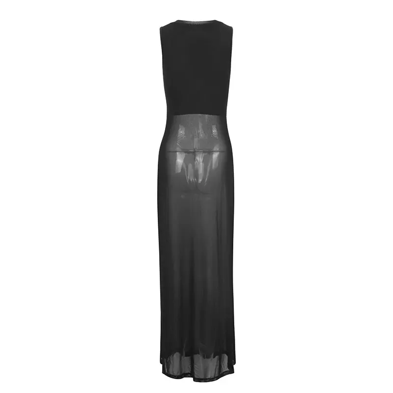 Nouvelles robes d'été pour femmes, sans manches, transparentes, élégantes, noires, Sexy, Maxi, mode, col rond, décontractées, Slim, vêtements
