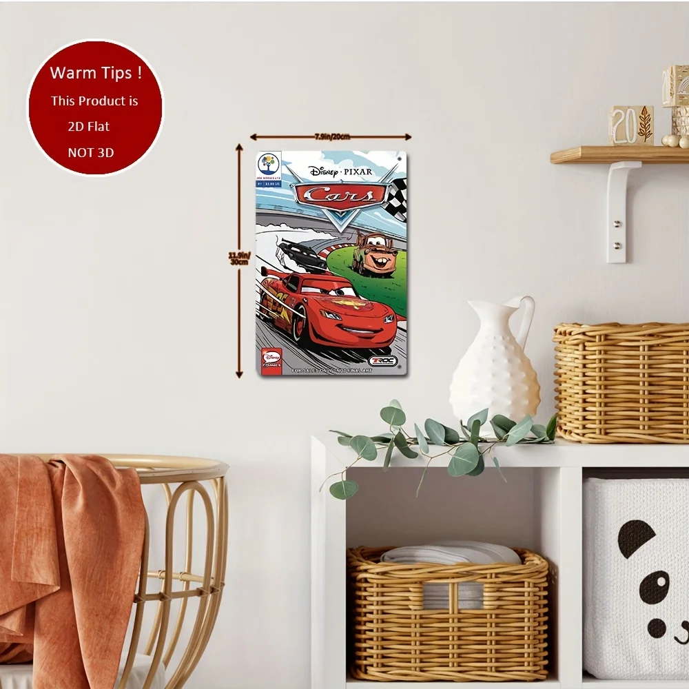 لافتة قصدير مسطحة ثنائية الأبعاد من Disney Cars - لوحة فنية جدارية على شكل Lightning McQueen & Racing، 20.32 × 30.48 سم ديكور معدني للمنزل أو المكتب أو Playro