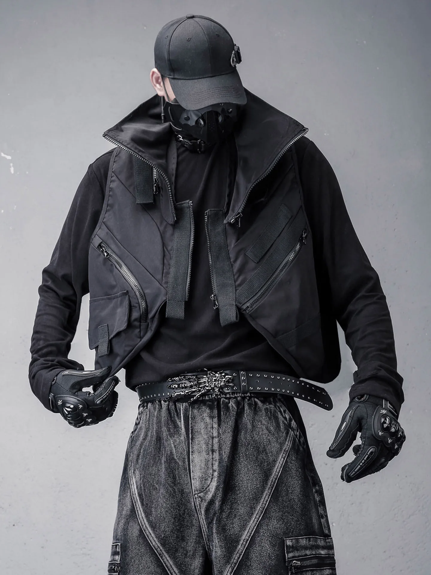 

Heavy Industry Mechanical Style Vest Man Patchwork Turtleneck Tactical Workwear Multi-Pocket Outdoor Sleeveless Coat Fashion
