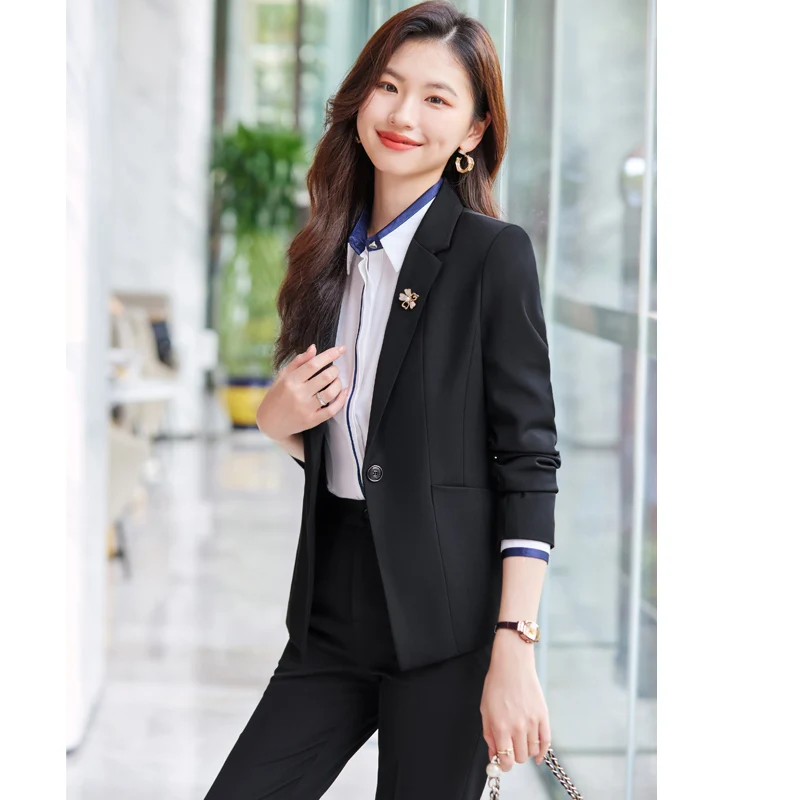 NAVIU Navy Blue Suits Women Autumn New Professional Temeprament Interview Slim Blazer And Pants Sets Office Lady Work Wear Black