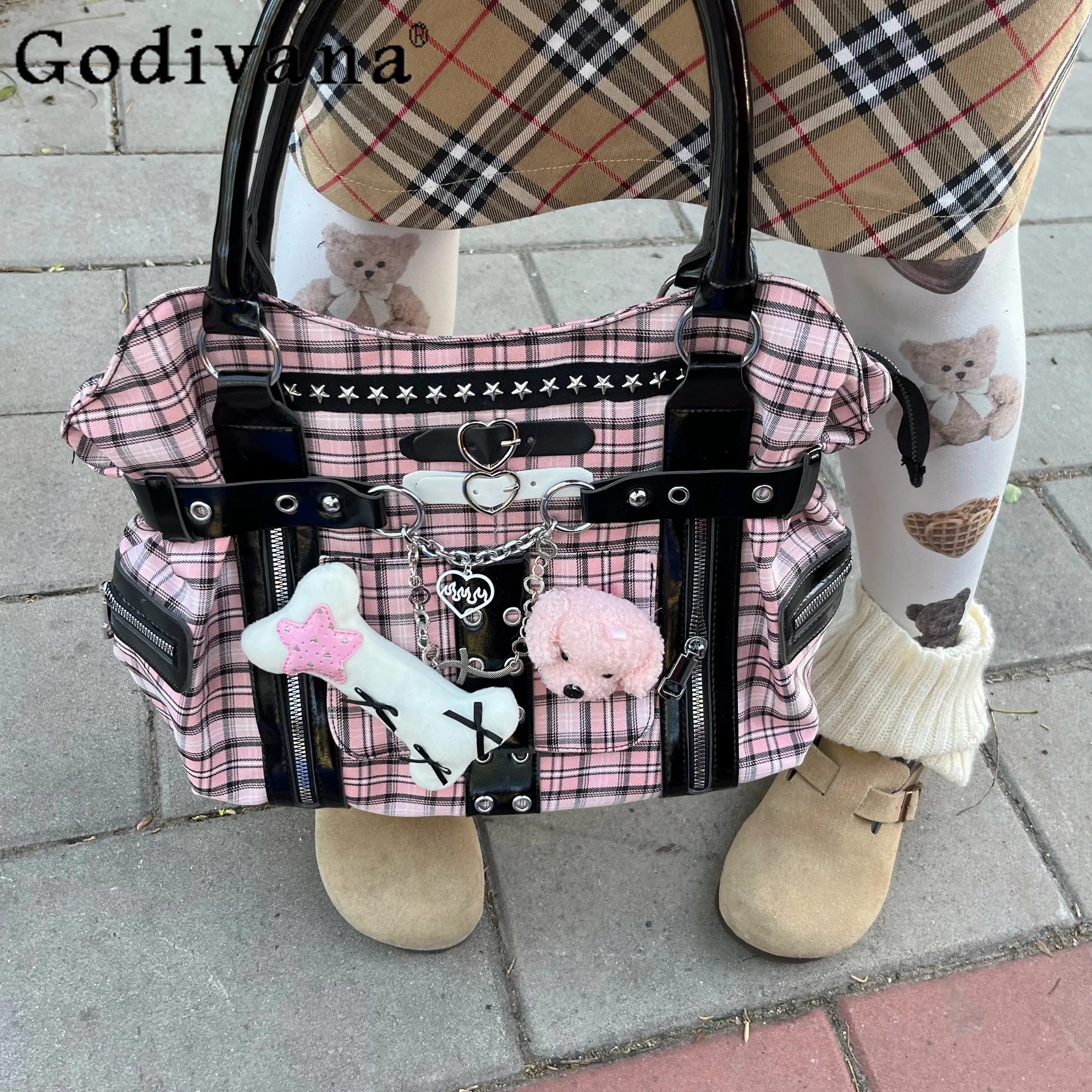 

Y2K Subculture Black Pink Plaid Sweet Cool Hot Girl Street Single Shoulder Bag Japanese Original JK Uniform Crossbody Bag