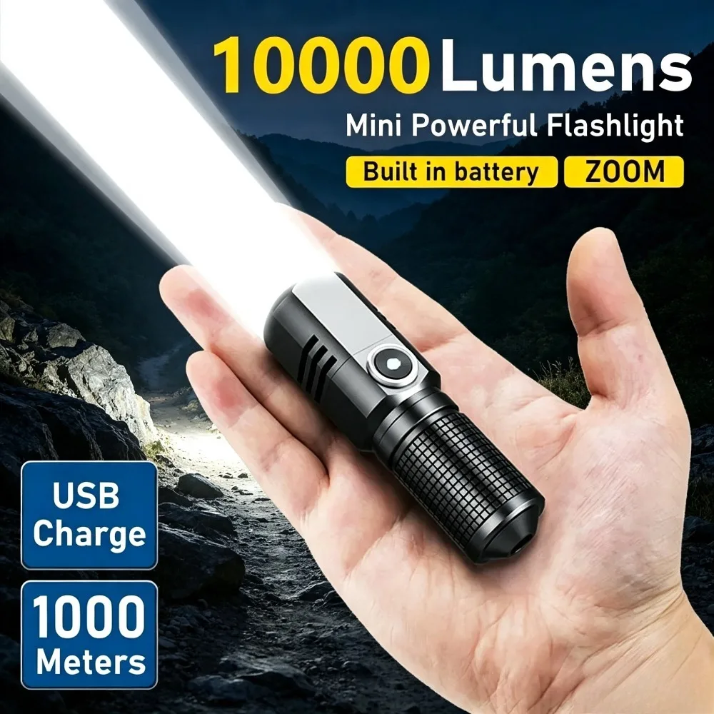 3 Modes USB Rechargeable XHP50 LED Flashlight 10000LM Mini Powerful Built-in Battery Torch for Camping Hiking Outdoor Use