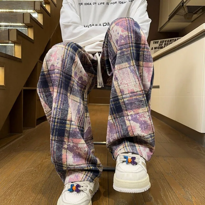 

Новинка 2024 года, клетчатые брюки, элегантные и простые брюки, свободные прямые брюки, повседневные модные брендовые классические универсальные широкие брюки