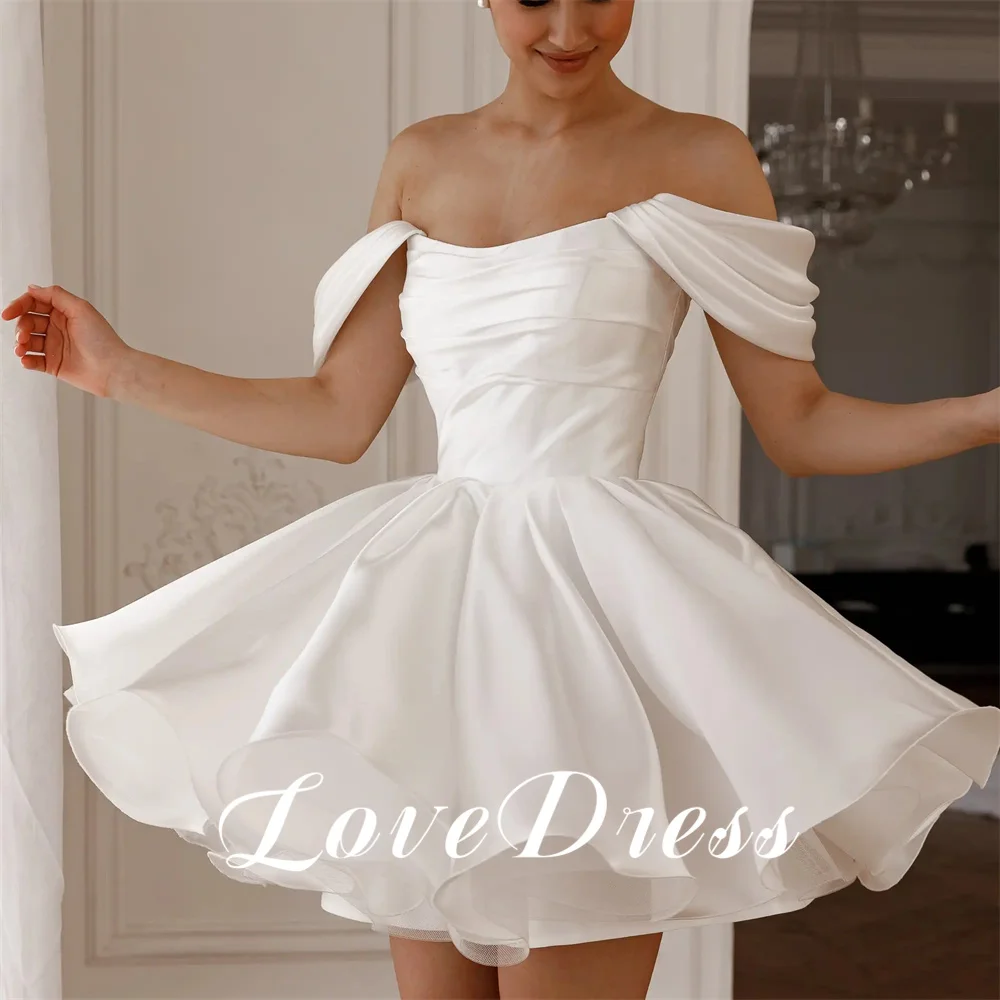 Customized Love Simple Off Shoulder A-Line Short Stain Wedding Dresses Elegant Above Knee Pleats Mini Back Lace Up Bridal Gown