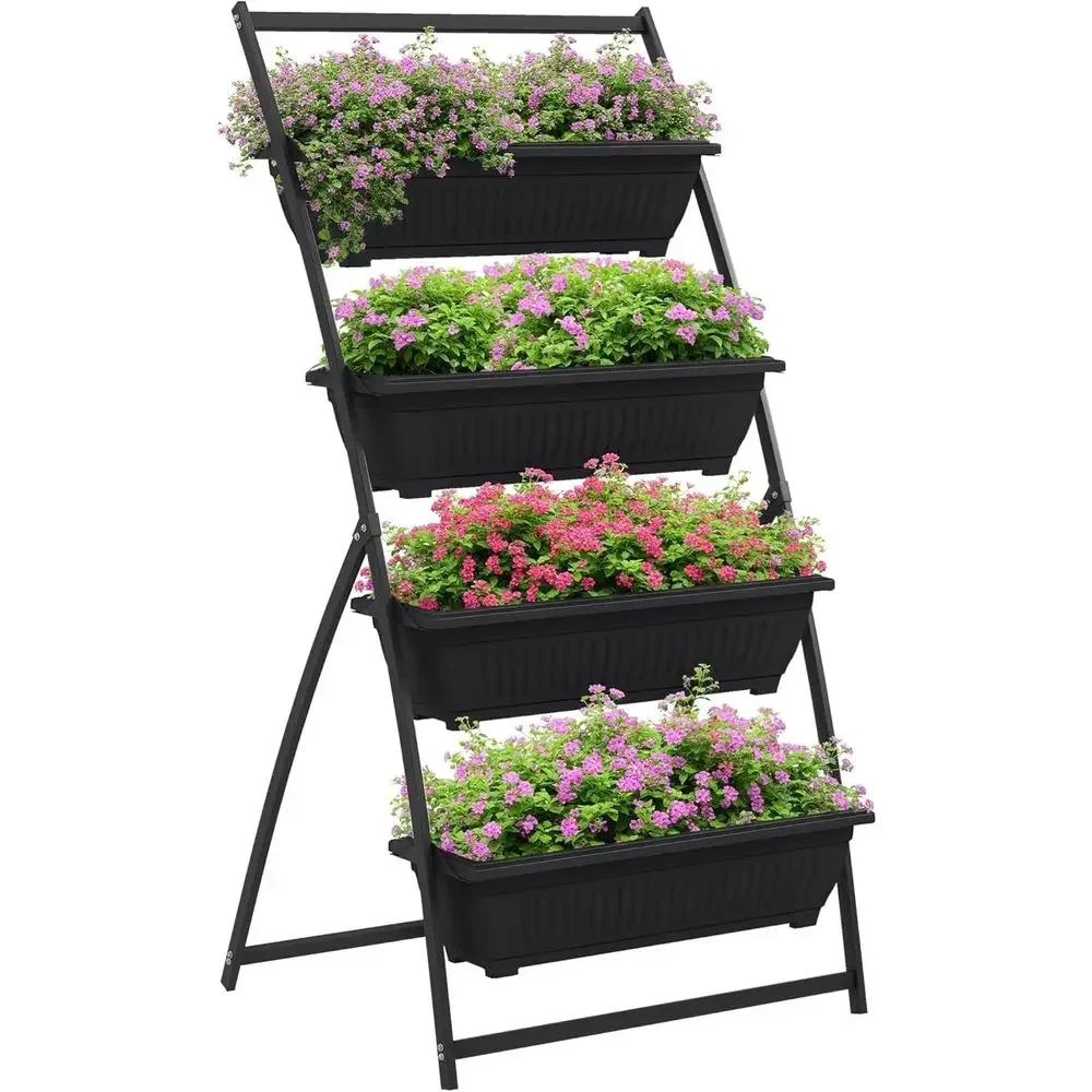 4-Tier Elevated Garden Planter Set, Outdoor Multi-Level Plant Boxes with Stand, Durable Black, Draining Design for Flowers, Vege