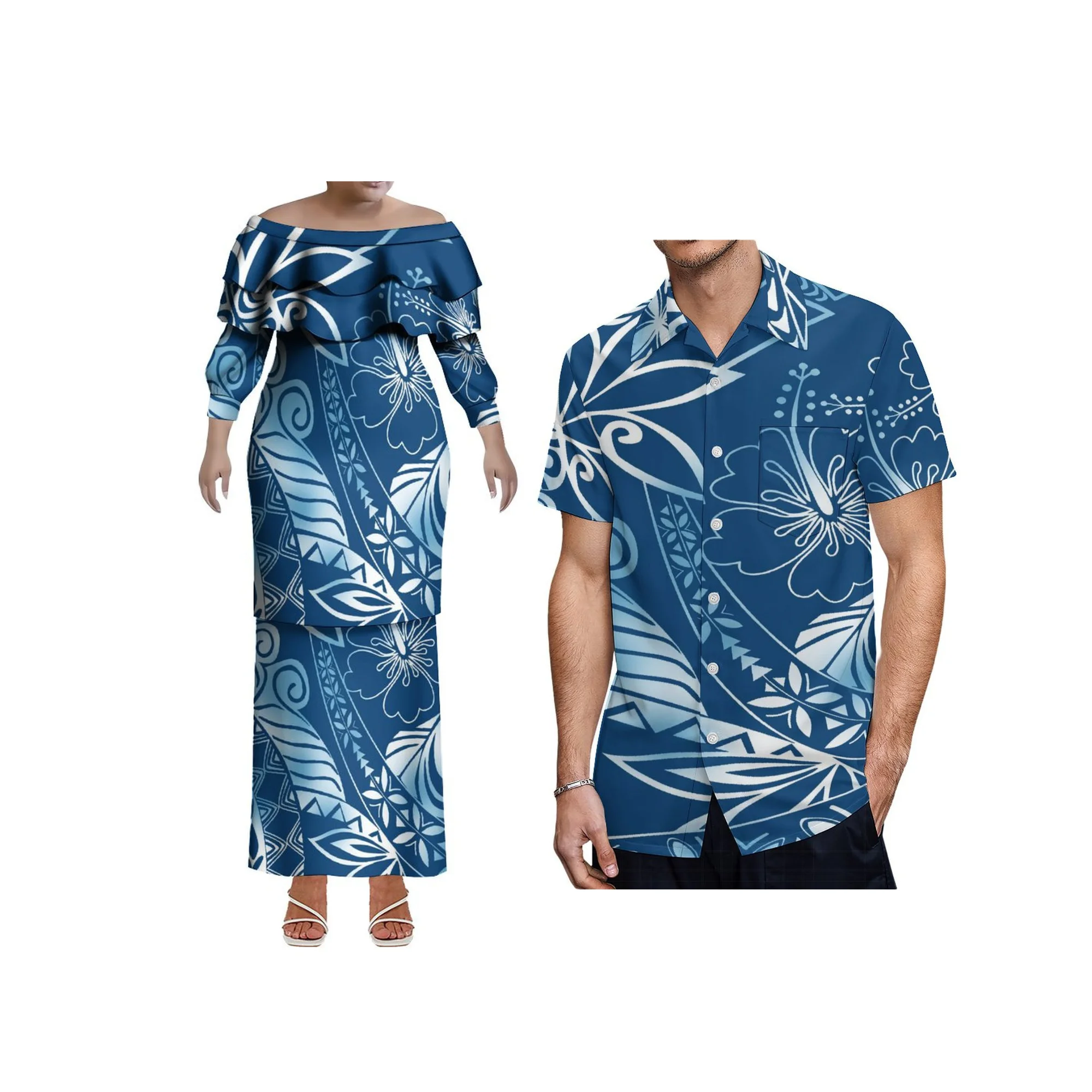 Vestido plissado de camada dupla personalizado eli tribal polinésia puletasi vestido plus size senhora saia de um ombro conjunto top e saias