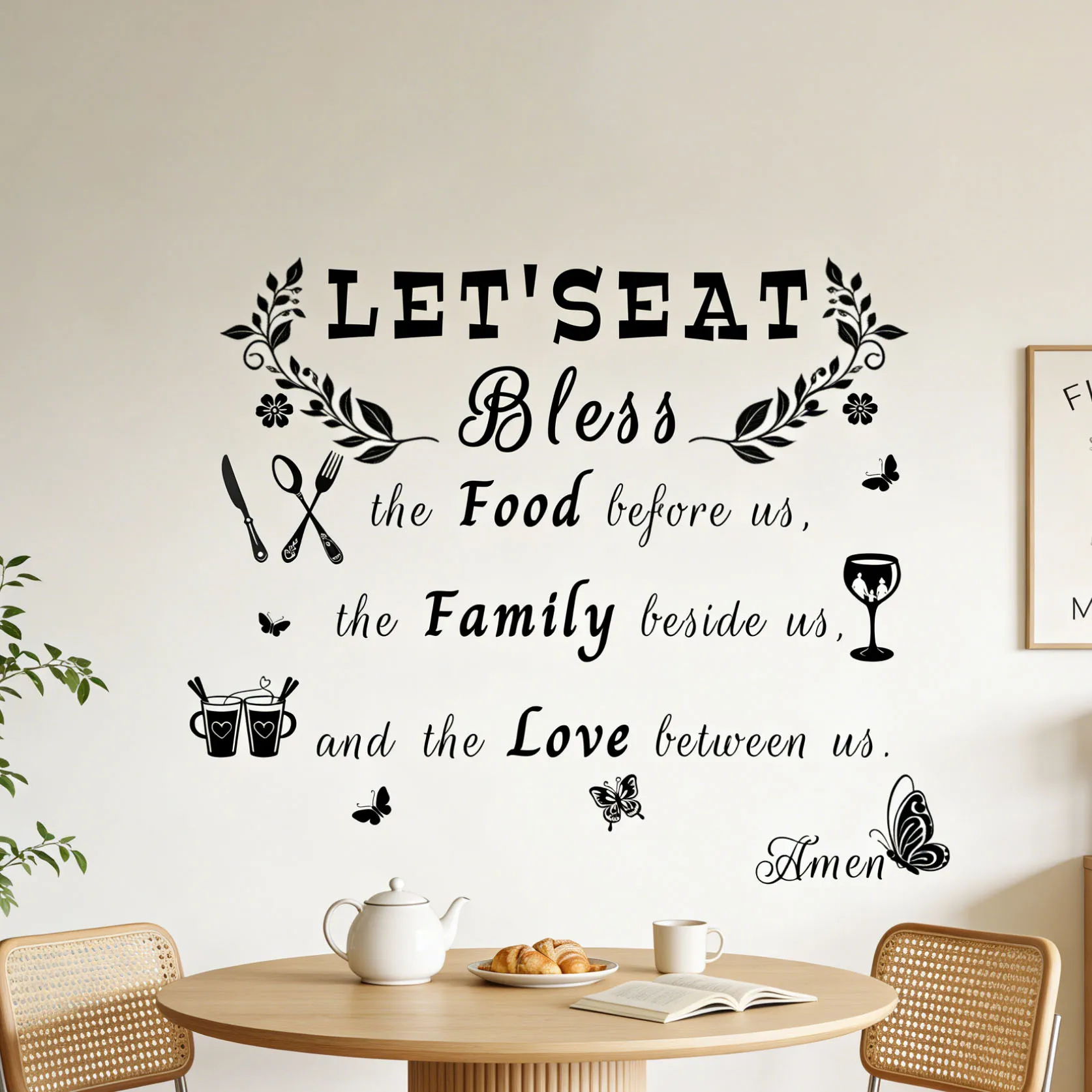 Restaurant Prayer Quotes Wall Stickers Black Let's Eat Warm Family Style Kitchen Wall Decoration Self Adhesive Stickers