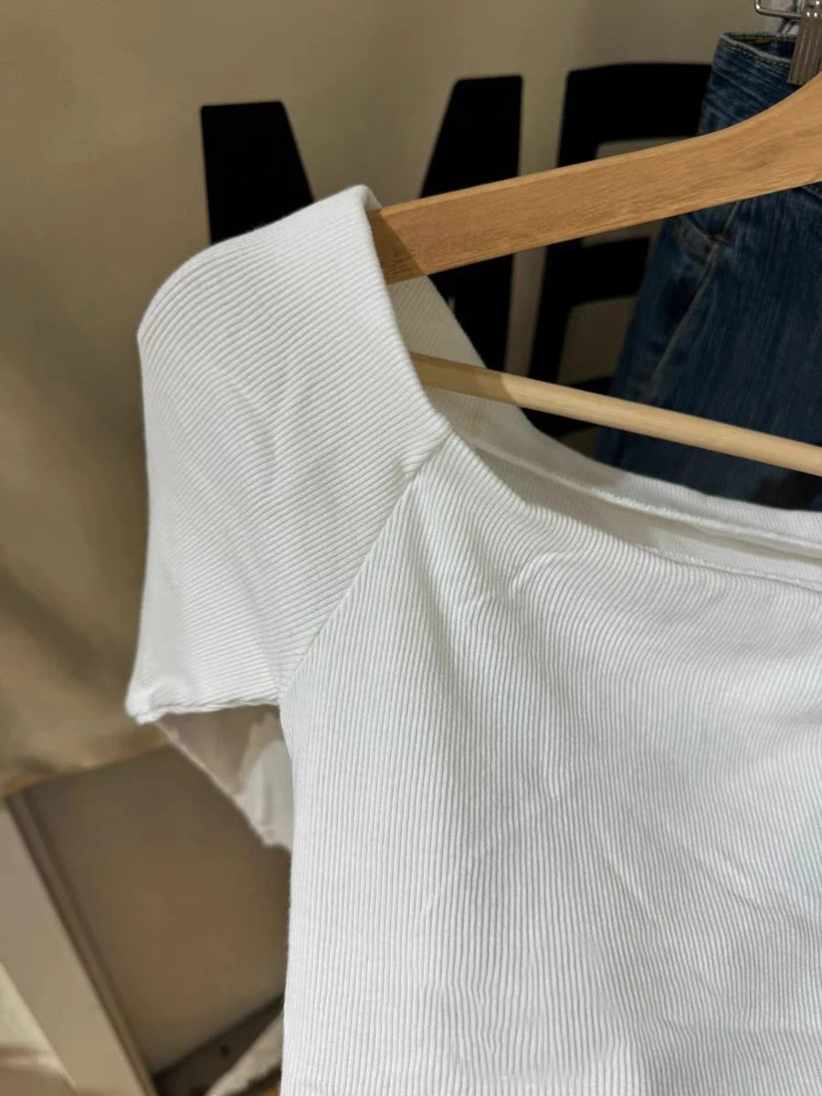 White Ribbed Slim Three Quarter Sleeve T-Shirt Women Summer Sexy Slash Neck Cotton Tees American Vintage Streetwear Y2k Tops