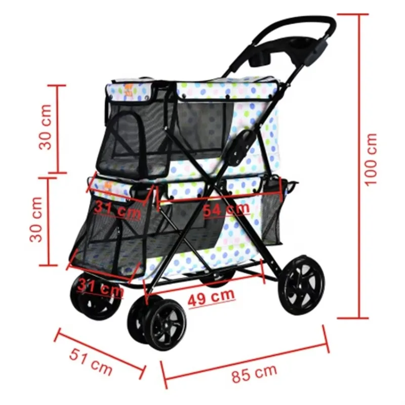 Luxury Double Decker Traveling Pet Stroller for 2 Dogs in Bag 4 Wheels Foldable Double Dog Pet Stroller Stylish