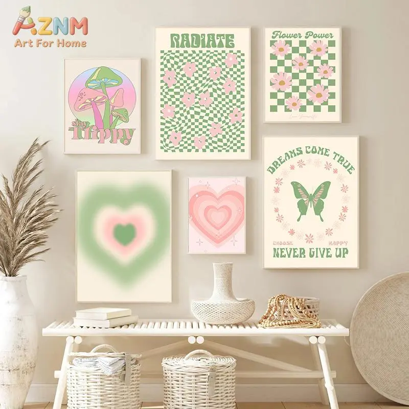1pc Frameless Abstract Floral Heart Mushroom Butterfly Posters Danish Pastel Canvas Painting Wall Art Pictures for Living Room B