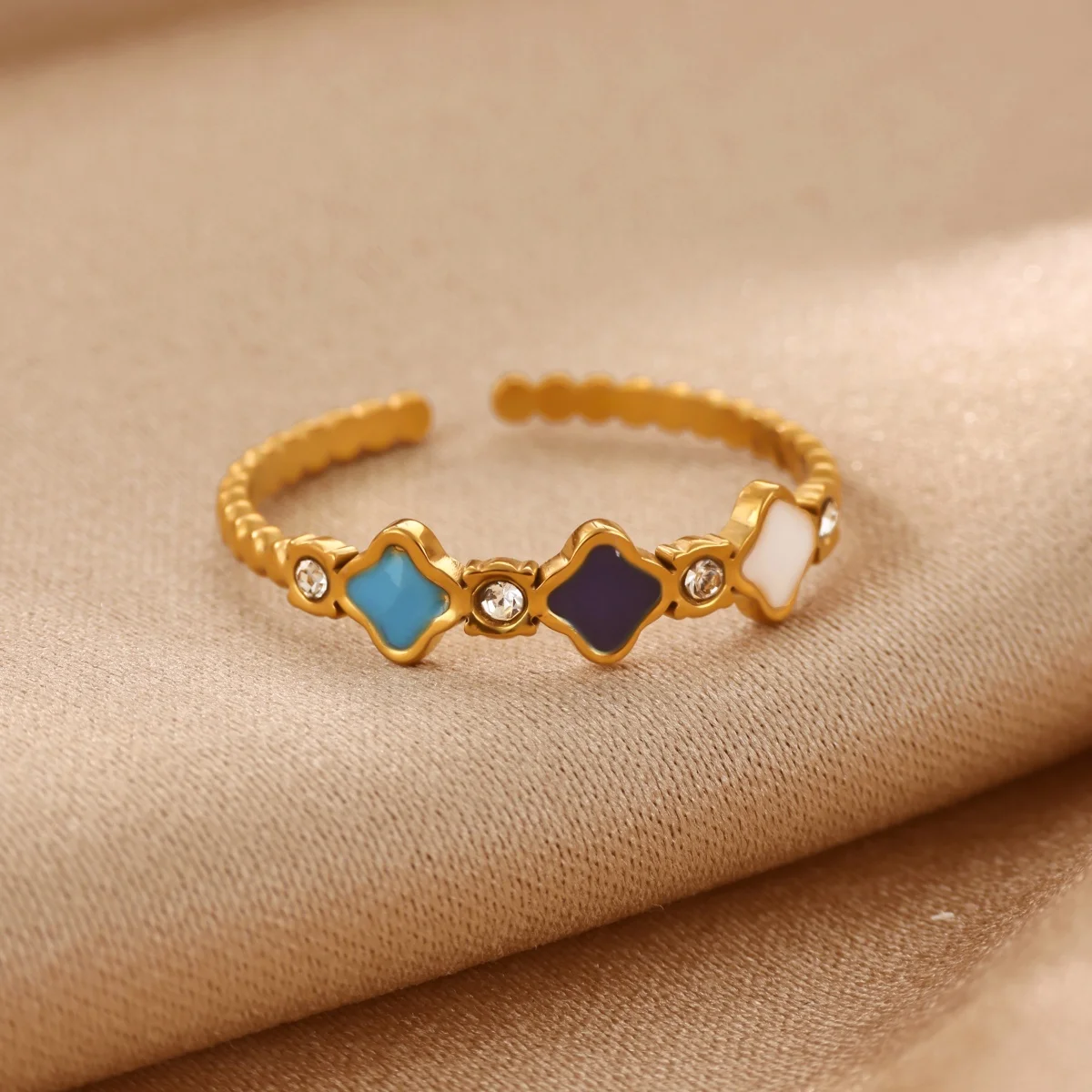 Edelstahl-Ringe mit Öltropfen-Zirkon und vierblättrigem Kleeblatt für Damen, goldfarben, Blatt-Ring, Hochzeit, Party, ästhetischer Schmuck, Geschenk
