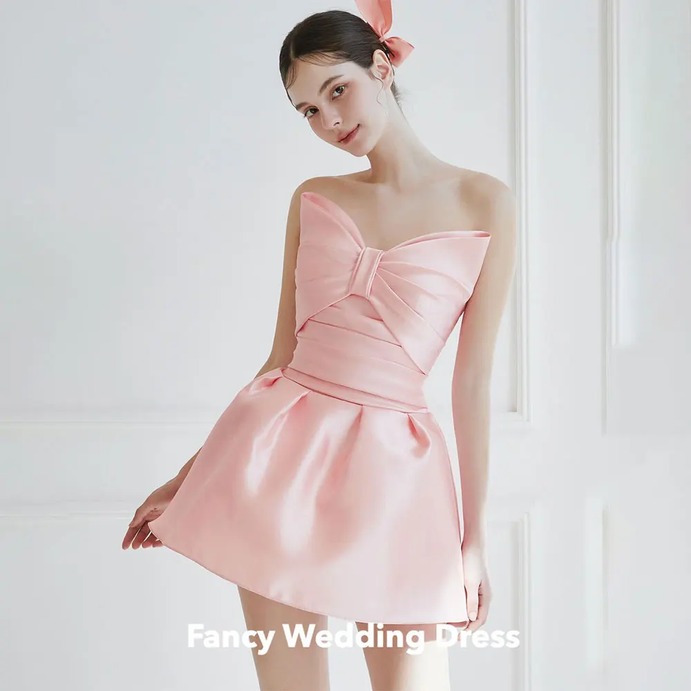 

Fancy Korea Pink Bow Evening Dress V Neck Sleeveless Birtyday Party Dresses Mini A Line Satin Formal Occasion Dresses Back Zip