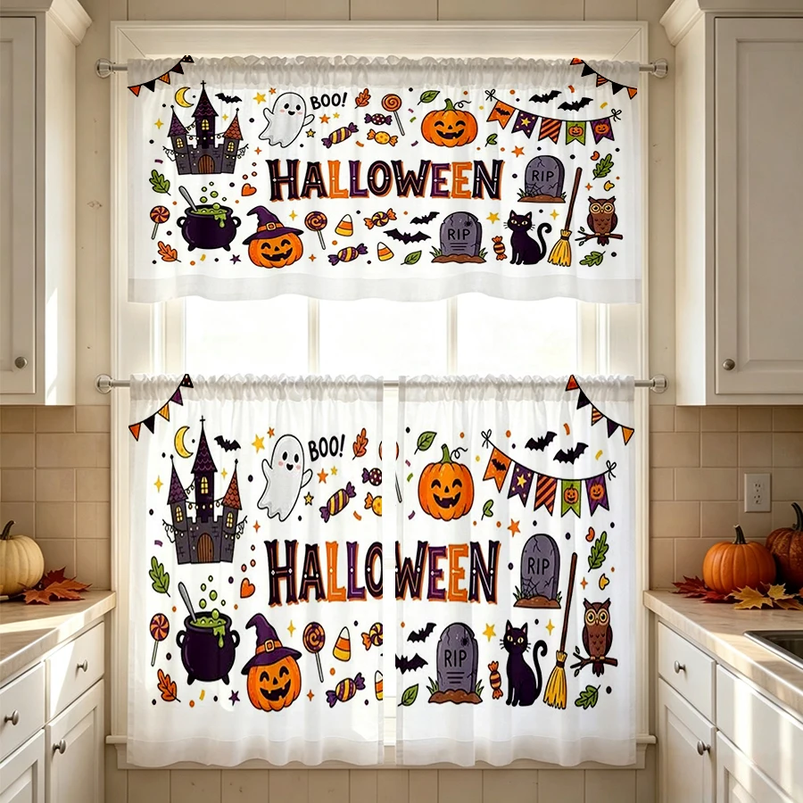 Halloween Fall Kitchen Curtains, Pumpkin Ghost Stripe, Digital Print, Kitchen Dining Room, Rod Pocket Polyester, Home Decor