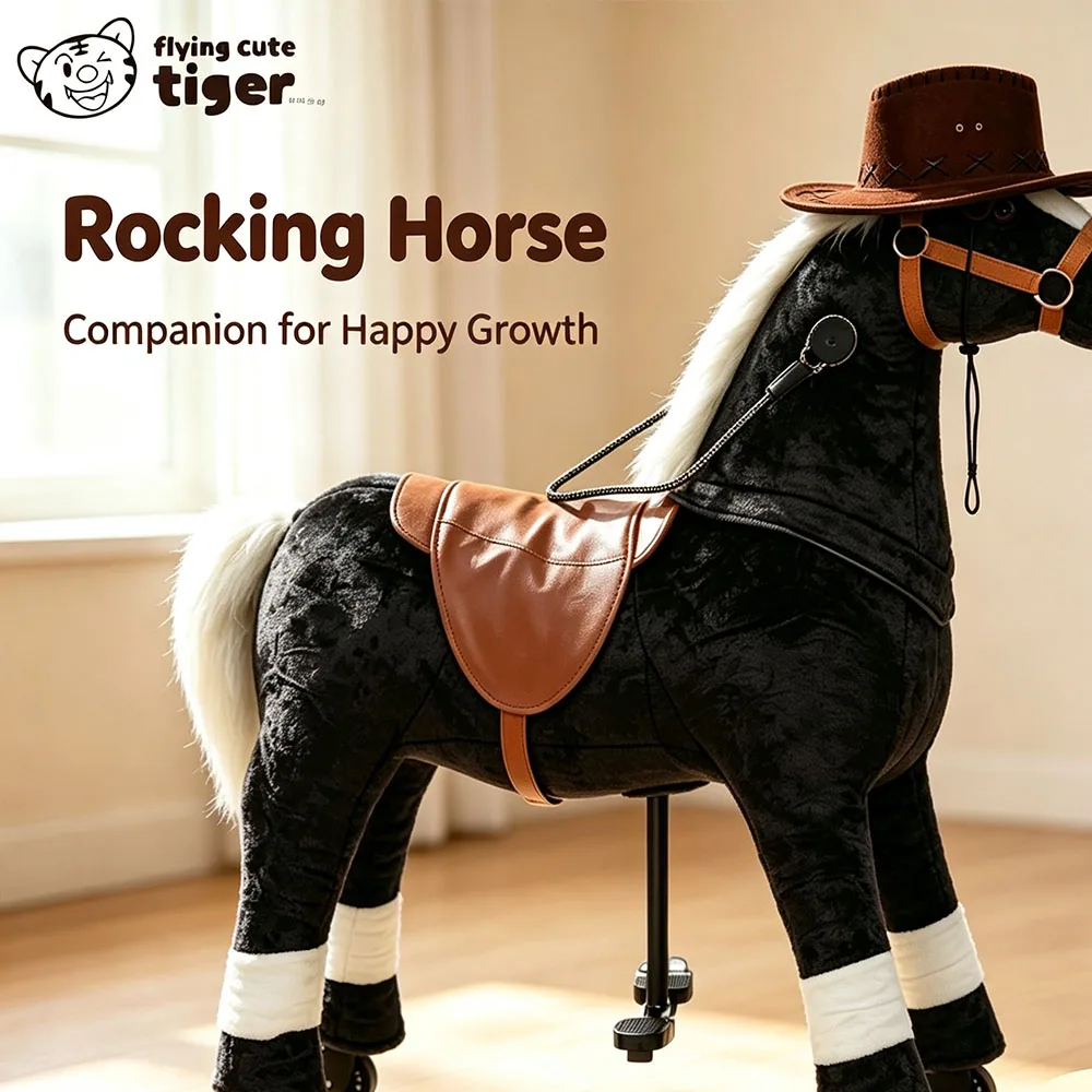 Medium to Large Size Black White-Haired Pony Popular Realistic Riding Rocking Horse Toy Rocking Chair Soothing Rocking Horse with Saddle Plush Toy Rocking Horse Doll Toy Car Horse Riding Toy