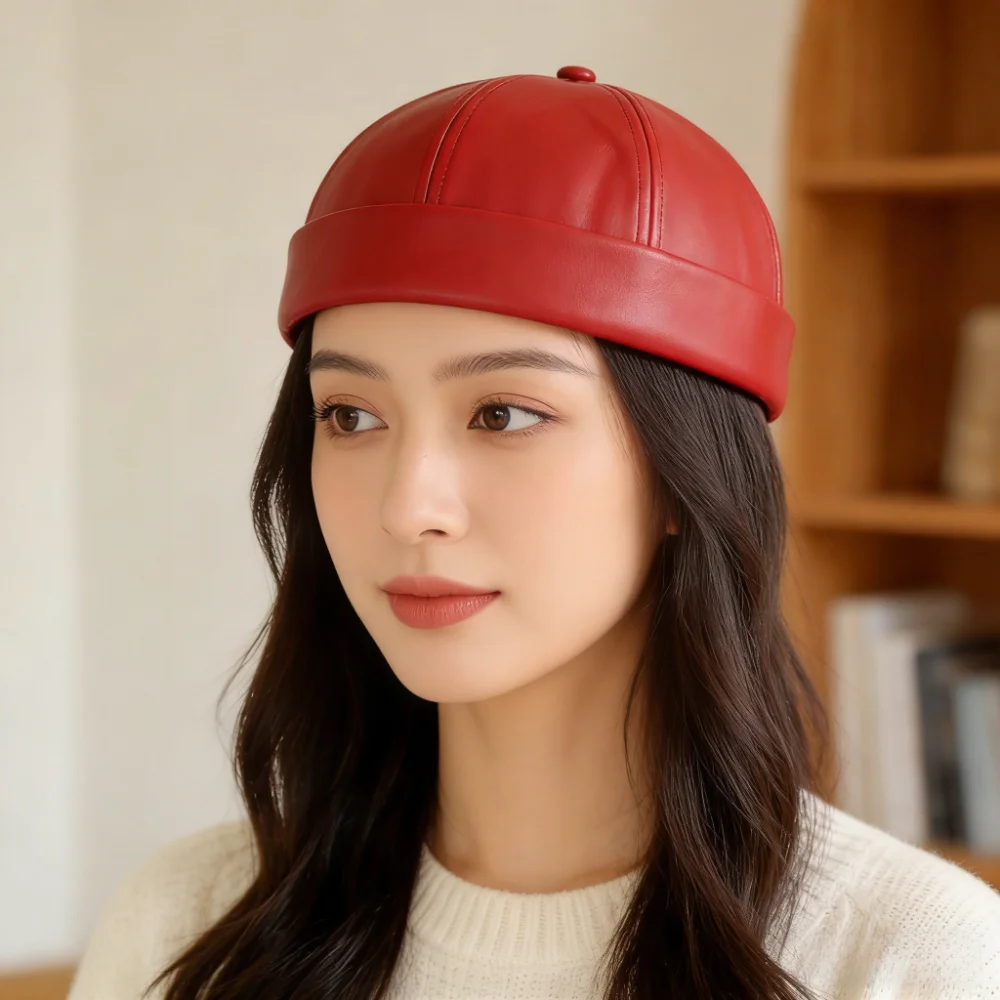 Fashion Leather Brimless Round Landlord Hat Adjustable Retro Melon Skin Hat Simplicity Solid Color Trendy Cap Unisex