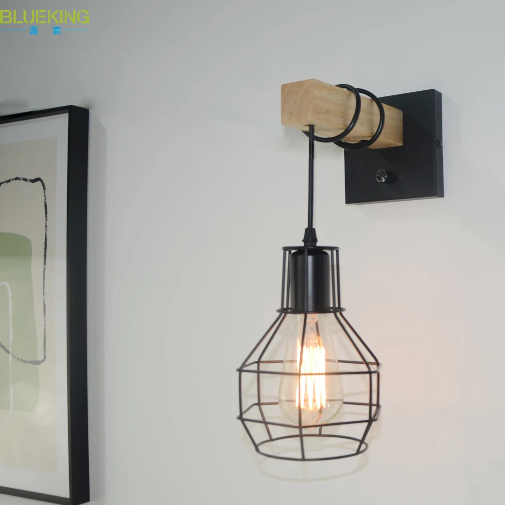 BLUEKING Modern Retro Bedside Wall Lamp Cage Light with Wooden Base Bracket Light for Aisle Indoor Black Wall Sconce Fixture