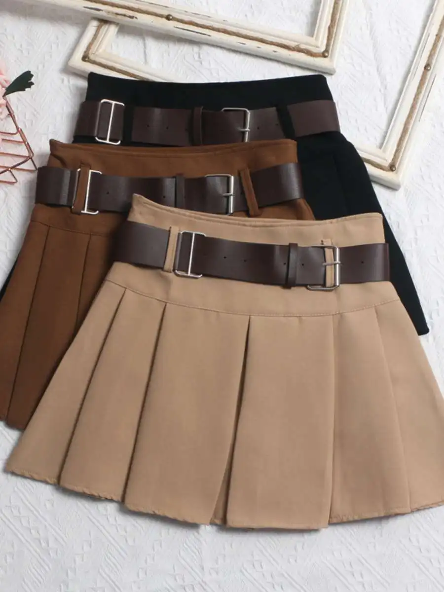 

Юбка с высокой талией, плиссированная, с поясом, корейская короткая юбка, облегающая, из ПВХ-ткани, с шелковистым глянцевым эффектом