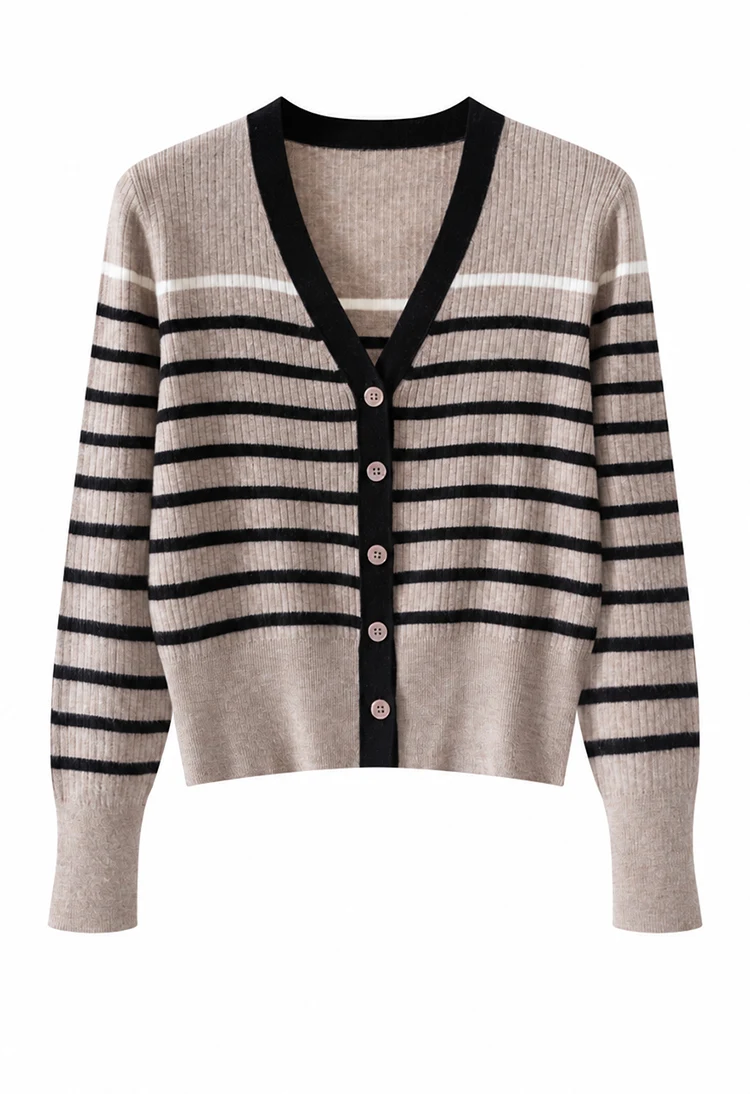 MZ62028 Damen Vintage Gestreifter V-Ausschnitt Gerippter Strick Langarm-Cardigan mit Kontrastbesatz Knopfleiste Modal-Mischung Frühherbst-Pullover – Detail 15