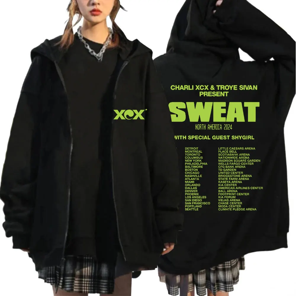 Charli Xcx Brat Tour Zipper Hoodie Fashion Hip Hop Harajuku Long Sleeve Men Women Casual Loose Fleece Sweatshirt Streetwear Y2k