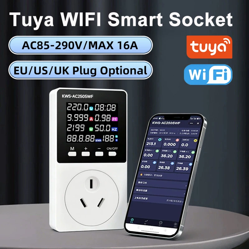 KWS-AC2505WF Tuya WIFI Smart Socket AC85-290V 16A Digital Wattmeter Electricity Consumption Power Kwh Power Energy Meter