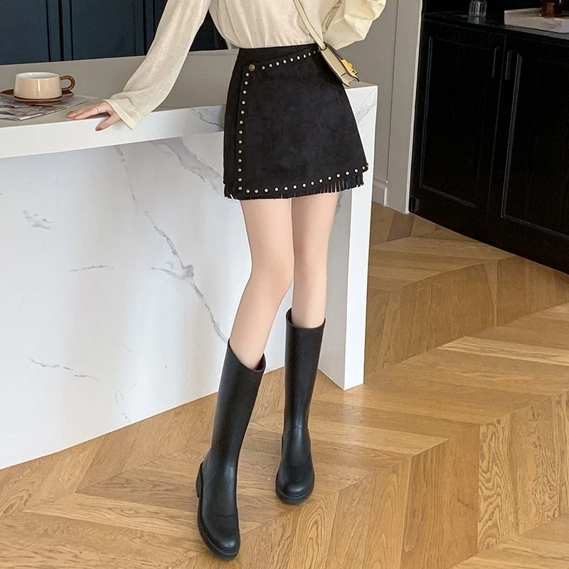 Seoulish High Waist Velvet Bohemian Rivet Women's A-line Short Skirt Tassel Autumn Winter 2025 New Skater Sexy Mini Skirt Female
