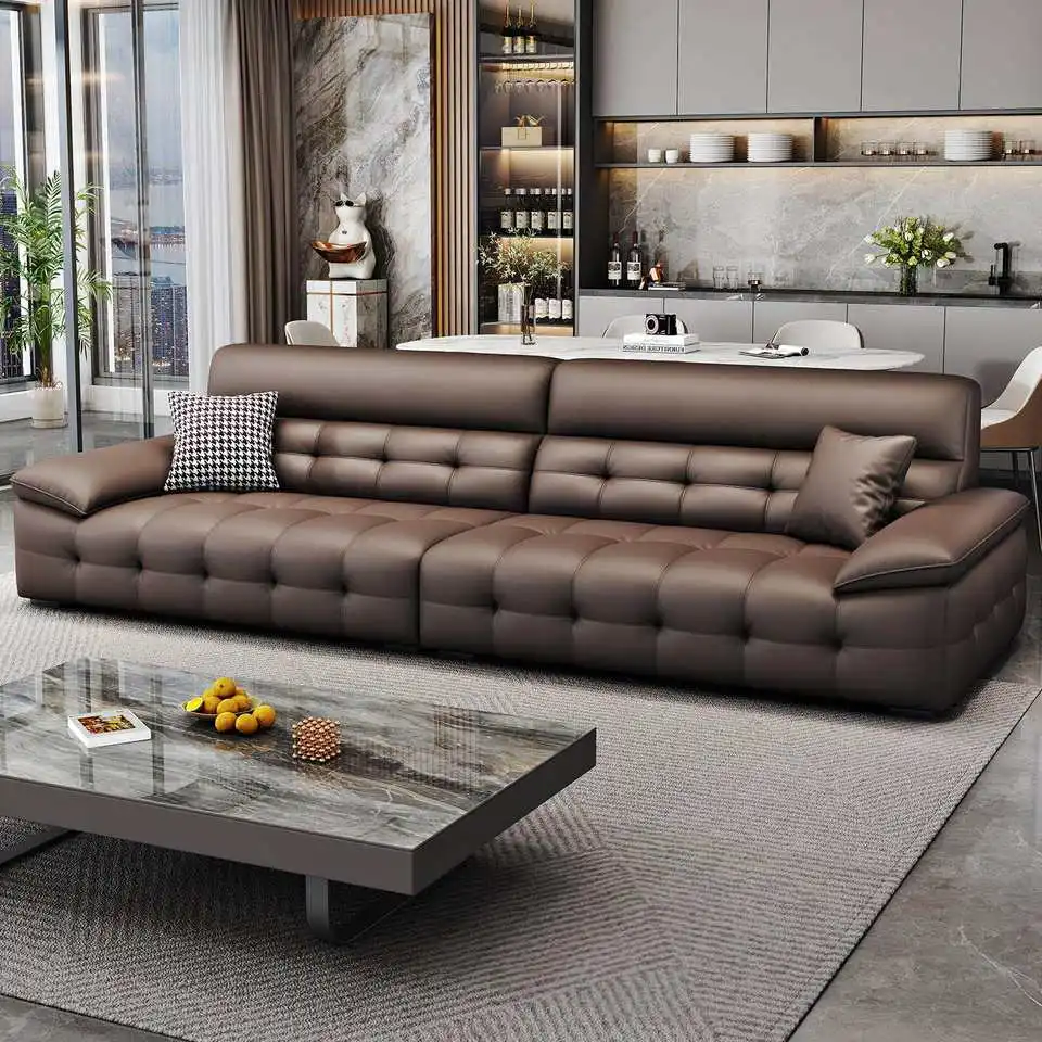 Modern Living Room Sofa Set With Soft Sponge Cushions And Genuine Leather Upholstery For Family Seating And Home Lounge Use