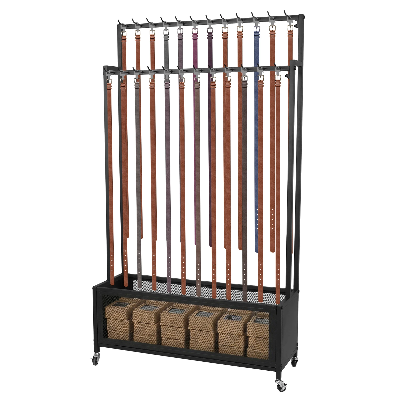 

Двухуровневая напольная витрина для ремней на колесиках с крючками, передвижной органайзер для галстуков и ремней для спальни, магазина, розничной торговли и бизнеса