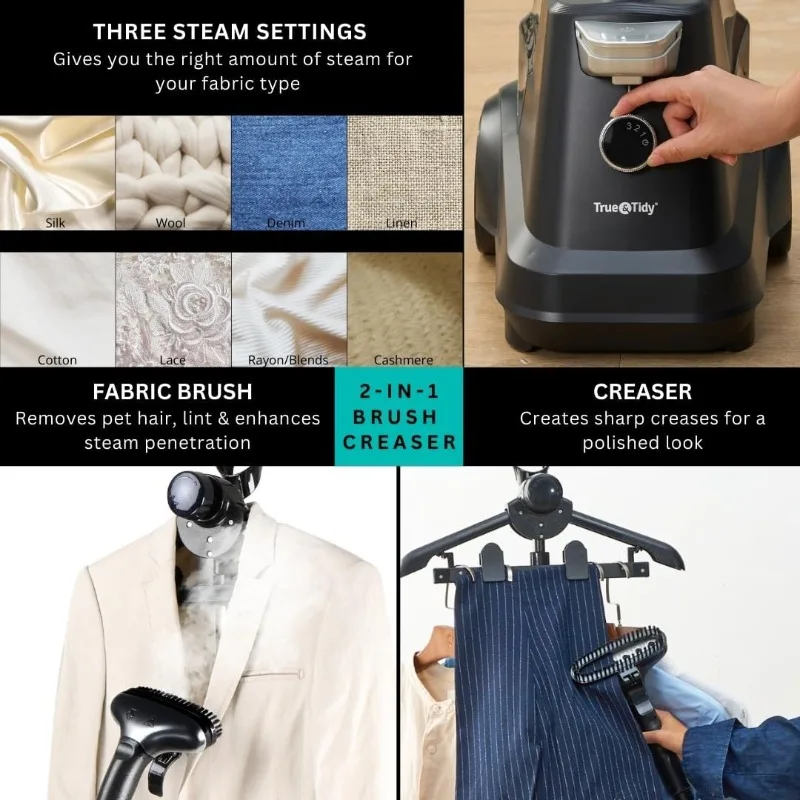 حقيقي ومرتب ®   مكواة بخار للملابس الصناعية شديدة التحمل، 1800 واط، خزان مياه 3 لتر (أسود غير لامع، إيقاف تلقائي ذكي)